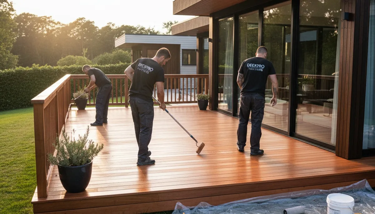 Detroit deck painters staining a wood deck for weather protection in Detroit, MI